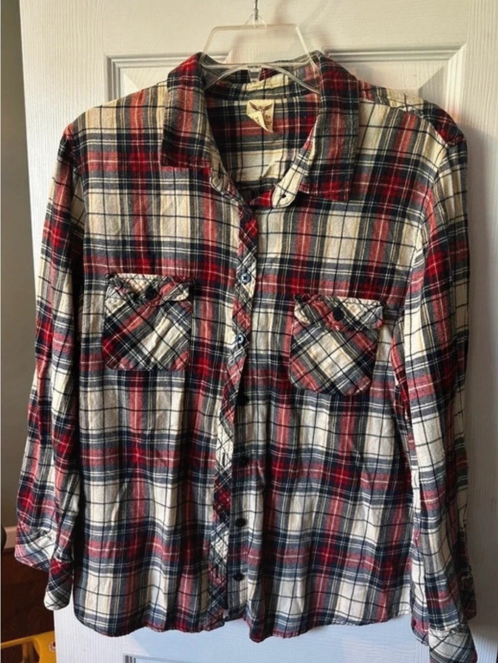 Faded Glory Red Navy Cream Plaid Button-Down Shirt